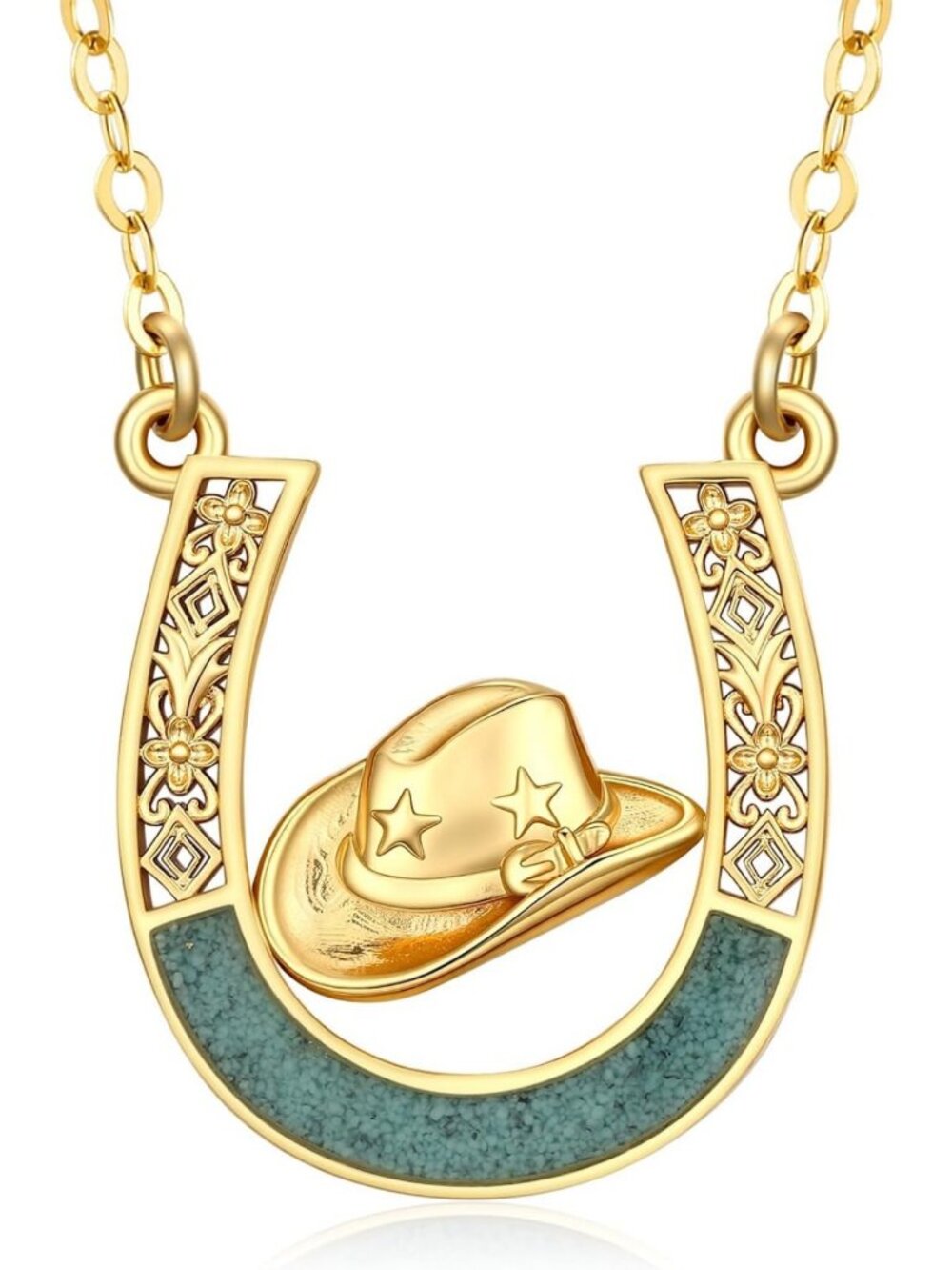 Lucky Horseshoe Necklace for Women, 14K Gold Pendant, Cowgirl Charm Jewelry Gift